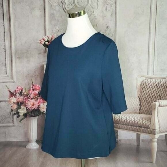 LIZ Claiborne Blue Pullover Jewel Neck Keyhole Back Short Sleeve Top Size Large - Picture 3 of 7